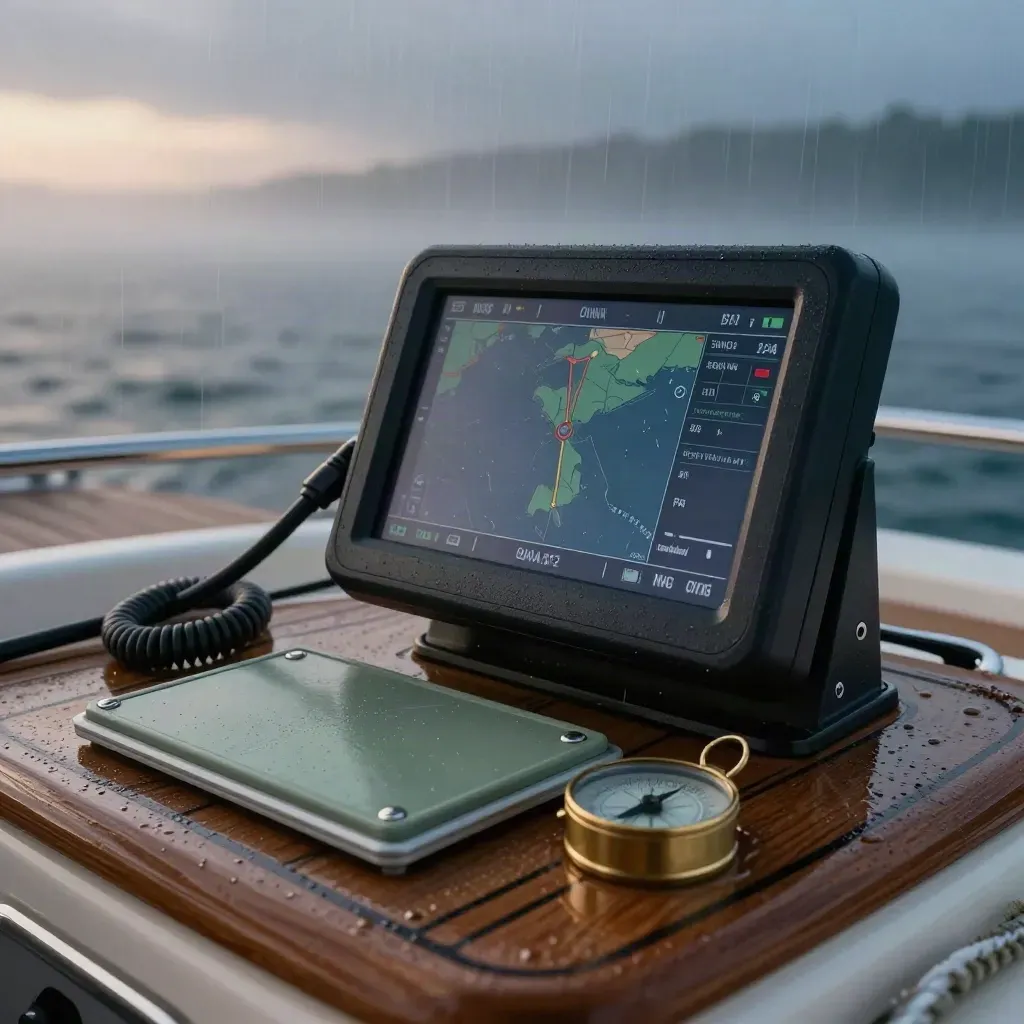 Maritimer Kartenplotter mit Kabeln und Kompass auf nasser Cockpitfläche im Morgenlicht