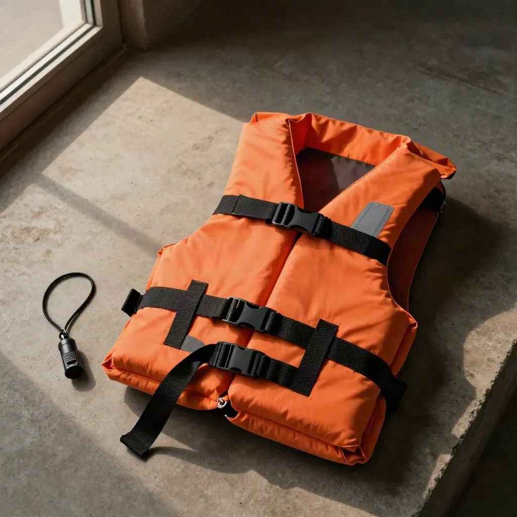 Orangene Rettungsweste mit Gurten, Pfeifenband und Tasche auf sandfarbener Fläche.