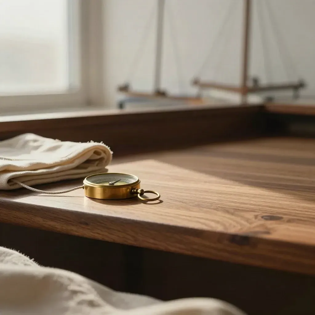 Teak-Navigationsablage mit Messingkompass, gefaltetem Segeltuch und ruhiger Holzfläche.